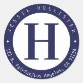 Koel Navy Blauwe Cirkel Monogram Retouradres Ronde Sticker (Voorkant)