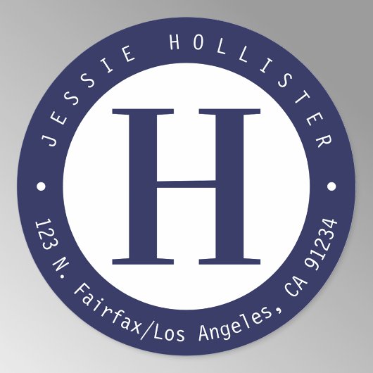 Koel Navy Blauwe Cirkel Monogram Terugadres Ronde Sticker