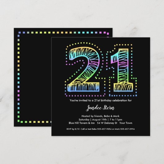 Koel op Black 21st Birthday Party Invitation Kaart (Voorkant / Achterkant)