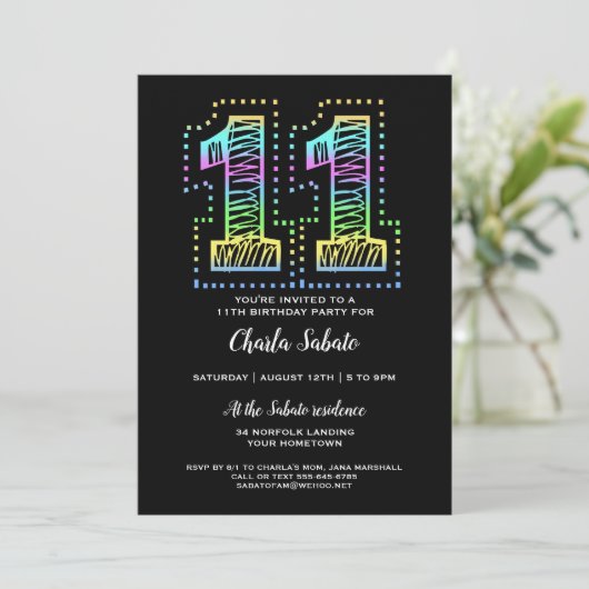 Koel op Black Fun 11e verjaardagsfeest uitnodiging (Staand voorkant)
