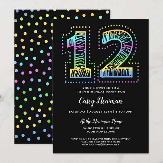 Koel op Black Fun 12e verjaardagsfeest uitnodiging (Voorkant / Achterkant)