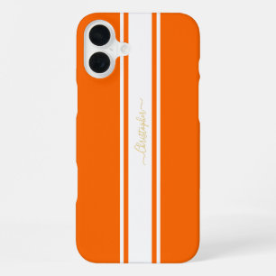 Koel Oranje Witte Racing Strepen Goud Monogram iPhone 16 Plus Hoesje