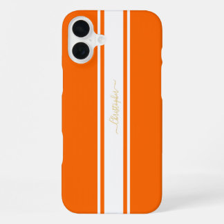 Koel Oranje Witte Racing Strepen Goud Monogram iPhone 16 Plus Hoesje