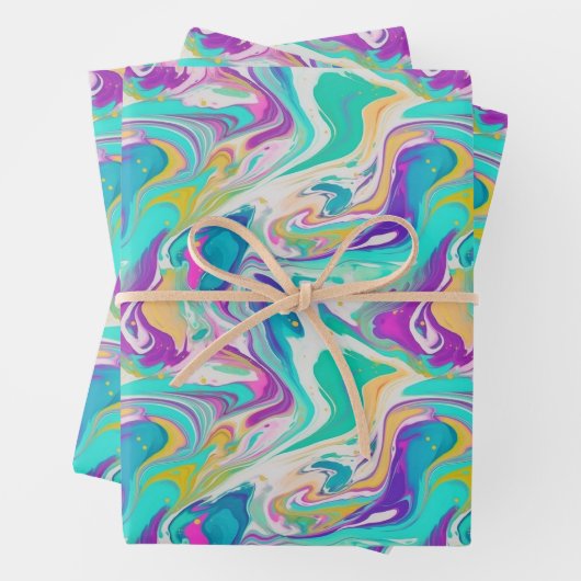 Koel Paarse Blauw Wit Marmeren Verfmix Patroon Inpakpapier Vel (In situ)