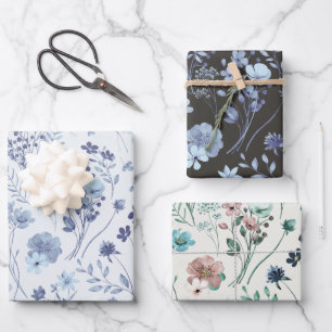 Koel Pastel Blauw & Crème Rustieke Waterverf Bloem Inpakpapier Vel