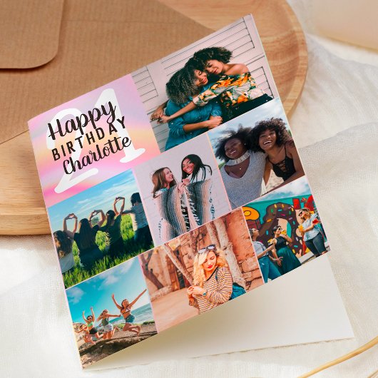 Koel pastel marmer foto's collage grid 21 verjaard kaart