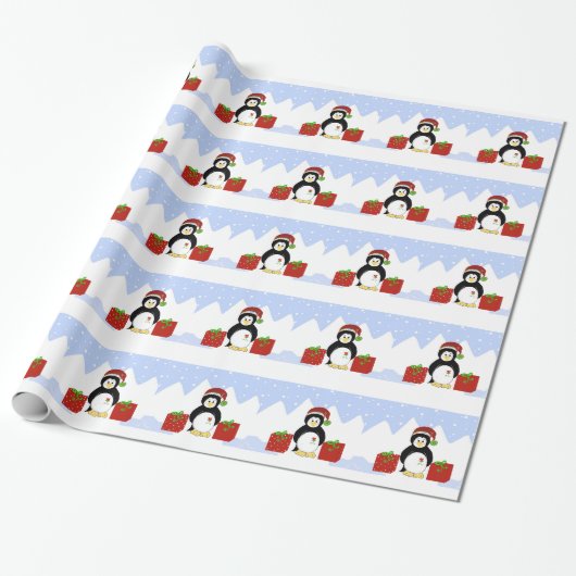 Koel pinguïn met kerstpakketten cadeaupapier (Uitgerold)