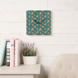 Koel pizza snij vintage teal patroon vierkante klok