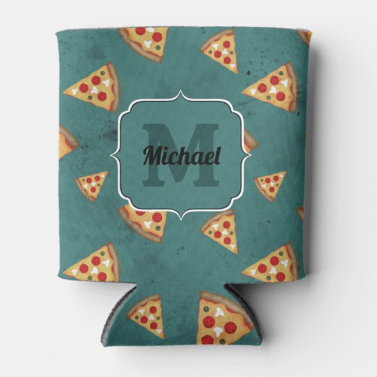 Koel pizza snijdt blauwgroen patroon Monogram Blikjeskoeler (Voorkant)