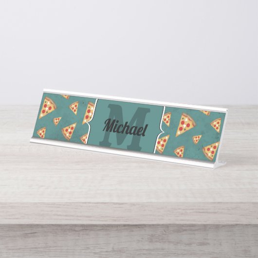 Koel pizza snijdt blauwgroen patroon Monogram Bureau Naambordje (Voorkant)