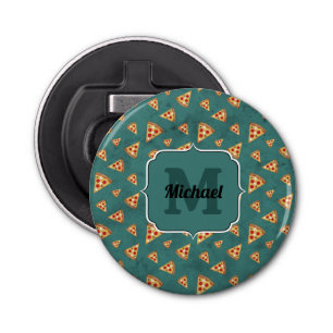 Koel pizza snijdt  blauwgroen patroon Monogram Button Flesopener