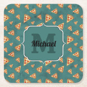 Koel pizza snijdt  blauwgroen patroon Monogram Kartonnen Onderzetters (Voorkant)