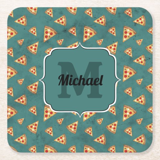Koel pizza snijdt  blauwgroen patroon Monogram Kartonnen Onderzetters (Voorkant)