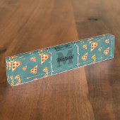 Koel pizza snijdt  blauwgroen patroon Monogram Naambordje (Zijkant)