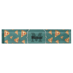 Koel pizza snijdt  blauwgroen patroon Monogram Naambordje