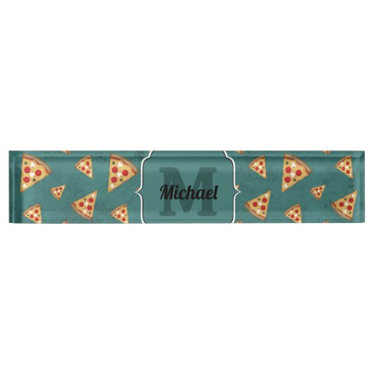 Koel pizza snijdt  blauwgroen patroon Monogram Naambordje (Voorkant)