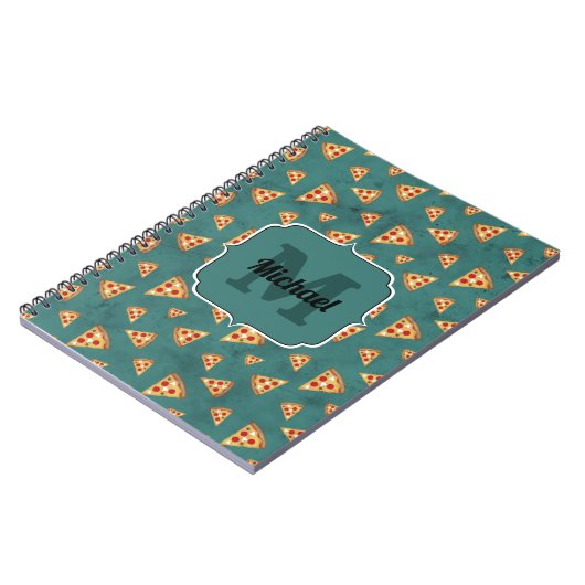 Koel pizza snijdt  blauwgroen patroon Monogram Notitieboek (Linkerzijde)