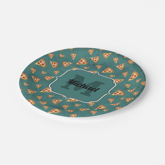 Koel pizza snijdt  blauwgroen patroon Monogram Papieren Bordje (Gekanteld)