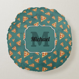 Koel pizza snijdt blauwgroen patroon Monogram Rond Kussen