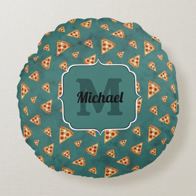 Koel pizza snijdt  blauwgroen patroon Monogram Rond Kussen (Voorkant)