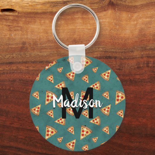 Koel pizza snijdt  blauwgroen patroon Monogram Sleutelhanger (Achterkant)