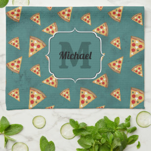 Koel pizza snijdt  blauwgroen patroon Monogram Theedoek