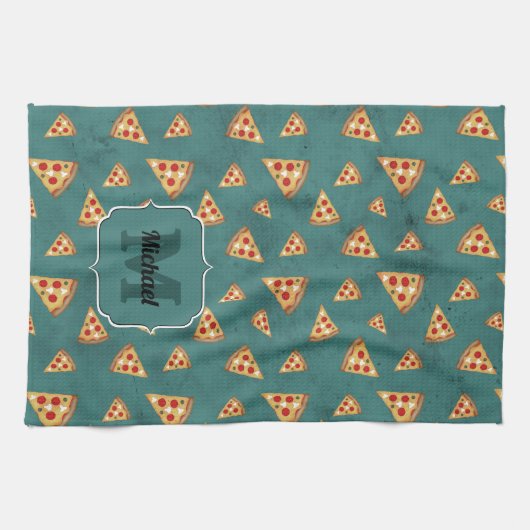 Koel pizza snijdt  blauwgroen patroon Monogram Theedoek (Horizontaal)