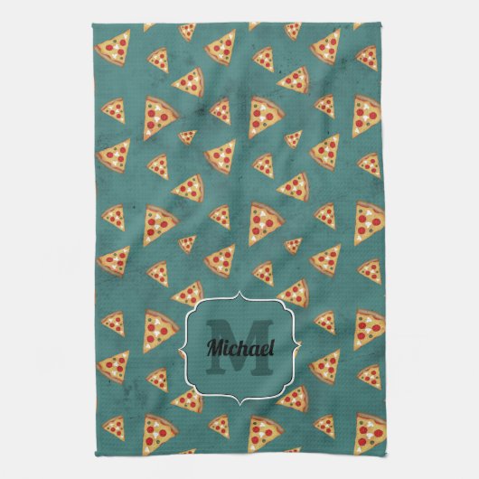 Koel pizza snijdt  blauwgroen patroon Monogram Theedoek (Verticaal)