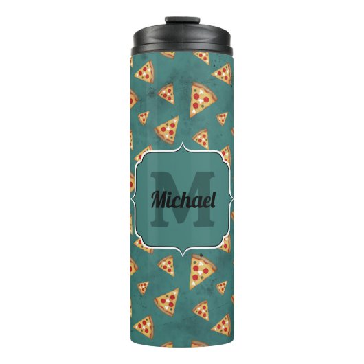 Koel pizza snijdt  blauwgroen patroon Monogram Thermosbeker (Voorkant)