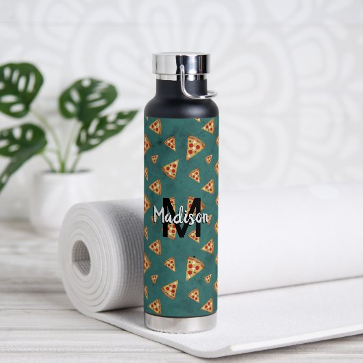 Koel pizza snijdt  blauwgroen patroon Monogram Waterfles (Yoga)