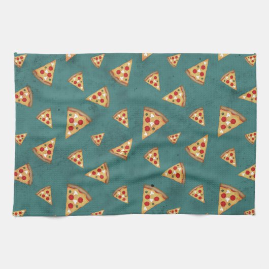 Koel pizza snijdt  blauwgroen patroon theedoek (Horizontaal)