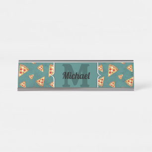 Koel pizza snijdt vintage teal patroon Monogram Bureau Naambordje