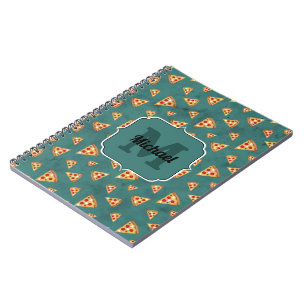Koel pizza snijdt vintage teal patroon Monogram Notitieboek