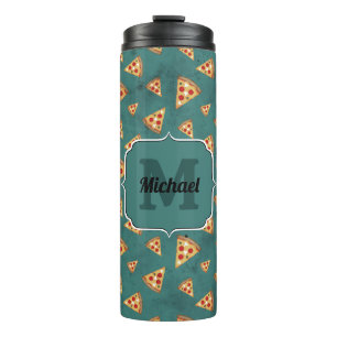 Koel pizza snijwerk vintage teal patroon Monogram Thermosbeker