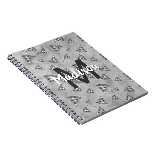 Koel pizzasnijde vintage zwart wit grijs Monogram Notitieboek (Rechterzijde)