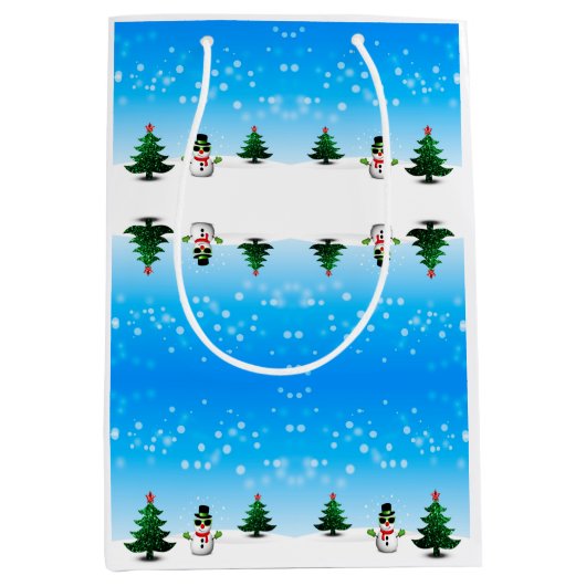 Koel plezier Snowman Sparkly-kerstbomen blauw Medium Cadeauzakje (Voorkant)