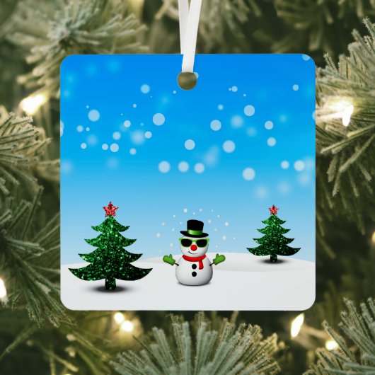 Koel plezier Snowman Sparkly-kerstbomen blauw Metalen Ornament (Insitu)