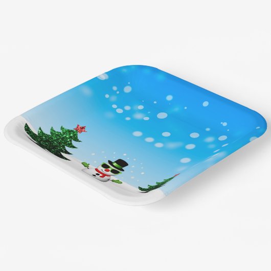 Koel plezier Snowman Sparkly-kerstbomen blauw Papieren Bordje (Gebogen)