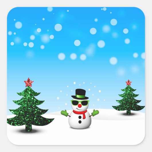 Koel plezier Snowman Sparkly-kerstbomen blauw Vierkante Sticker (Voorkant)