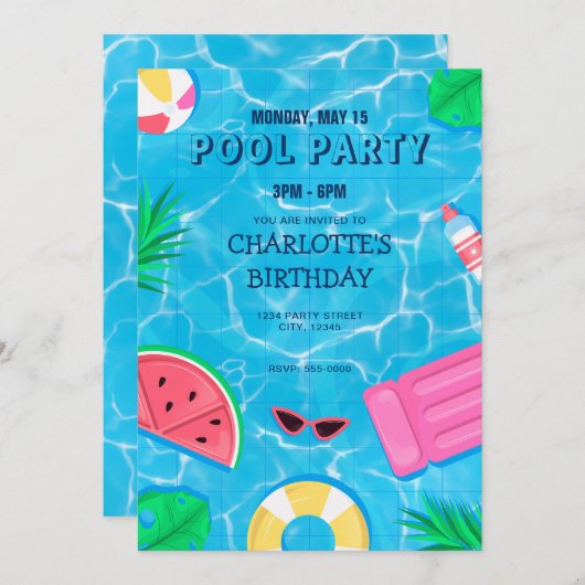 Koel Pool Party | Uitnodiging voor zwemvogels (Voorkant / Achterkant)