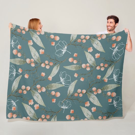 Koel rokerblauwe achtergrond Waterverven bloemen Fleece Deken (In situ)