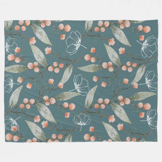 Koel rokerblauwe achtergrond Waterverven bloemen Fleece Deken (Voorkant (Horizontaal))