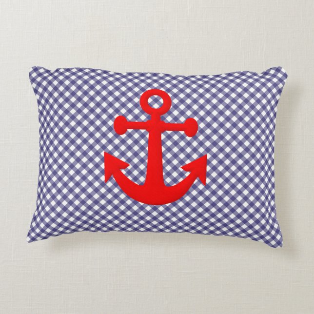 Koel Rood Anker op geruit Gingham patroon Accent Kussen (Achterkant)