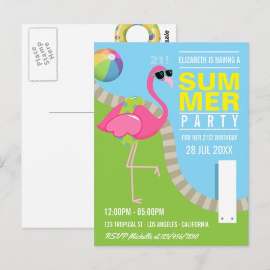 Koel Roze Flamingo Zomer Zwembad Verjaardagsfeestj Briefkaart (Voorkant / Achterkant)