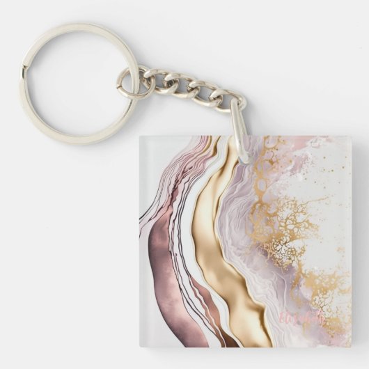 Koel roze marmersteen goud sleutelhanger (voorkant)