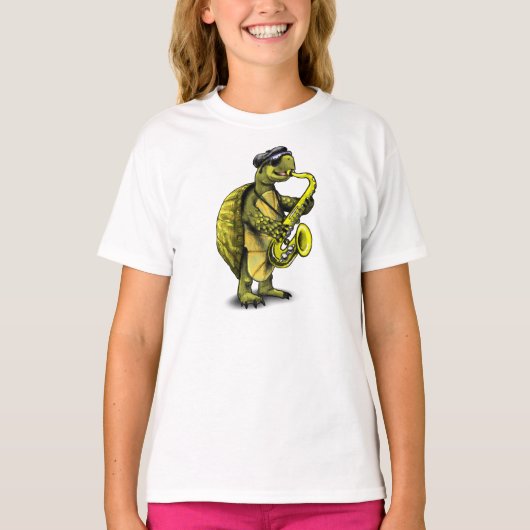 Koel-saxofonspeelschildpad T-shirt (Voorkant)