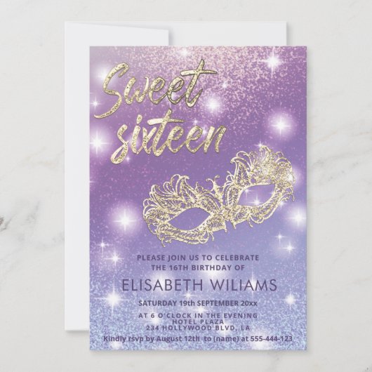 Koel Schattige Masquerade chic lila goud glitterie Kaart (Voorkant)