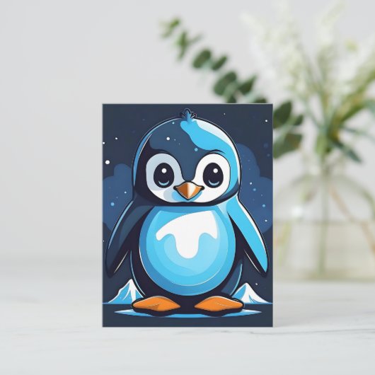 Koel Schattige Pinguïn Blauw Briefkaart (Staand voorkant)