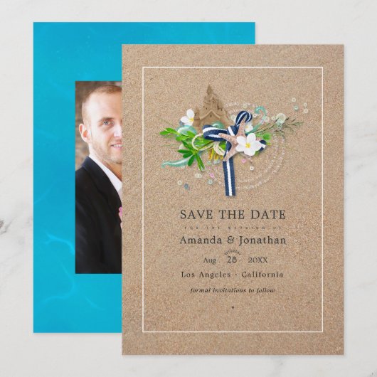 Koel strandbruilofts foto save the date (Voorkant / Achterkant)