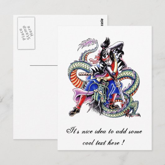 Koel tattoo van Samurai Fight Dragon Briefkaart (Voorkant / Achterkant)